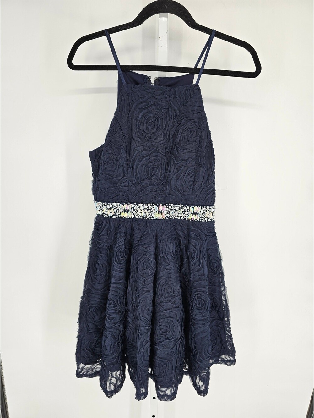 Trixxi Juniors Sz 11 Knee Length A Line Formal Dress Navy Blue w/ Rhinestones